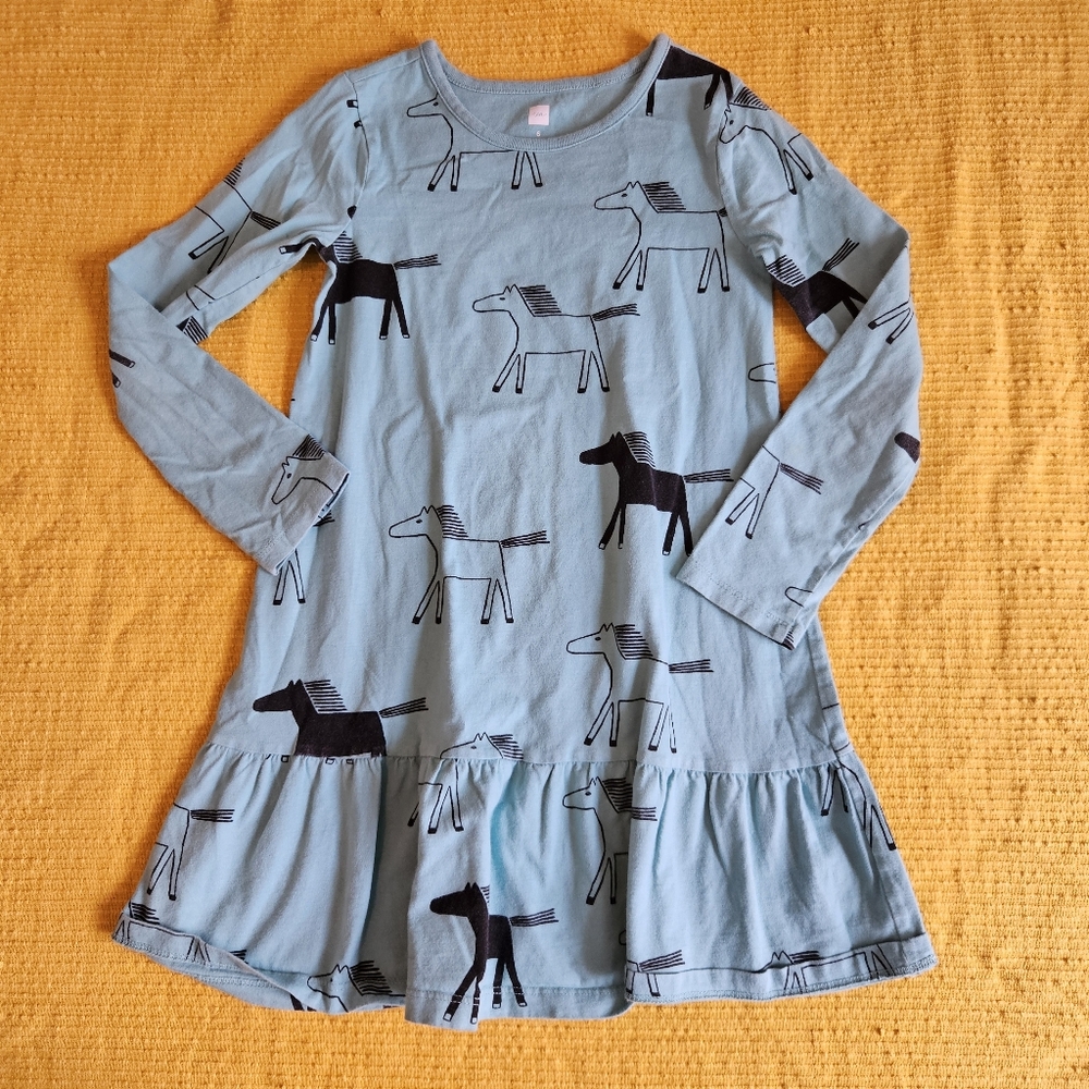 TEA COLLECTION Long Sleeve Dress Teal Horses Drop Waist 100% Cotton Girls 6